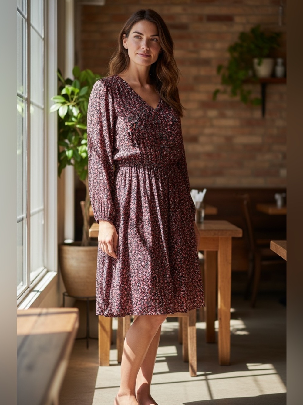 Floral V-Neck Long-Sleeve Smocked Waist Dress - Burgundy